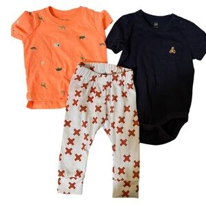 3 month assortment of GAP onesie, orange carters shirt and x pants by b/co baby